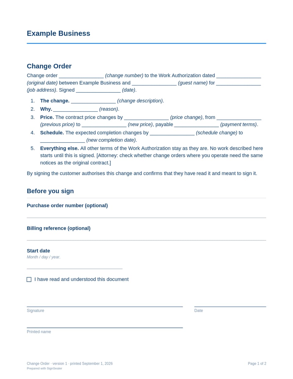 Page one of the Change Order, as a blank copy for Example Business: the document's title and opening clauses, with a line for each blank still to be filled in.