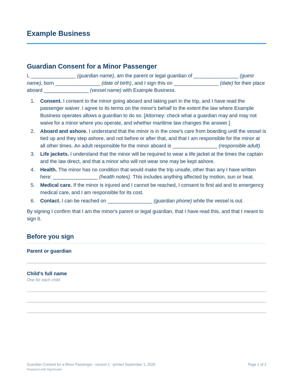 Page one of the Guardian Consent for a Minor Passenger, as a blank copy for Example Business: the document's title and opening clauses, with a line for each blank still to be filled in.