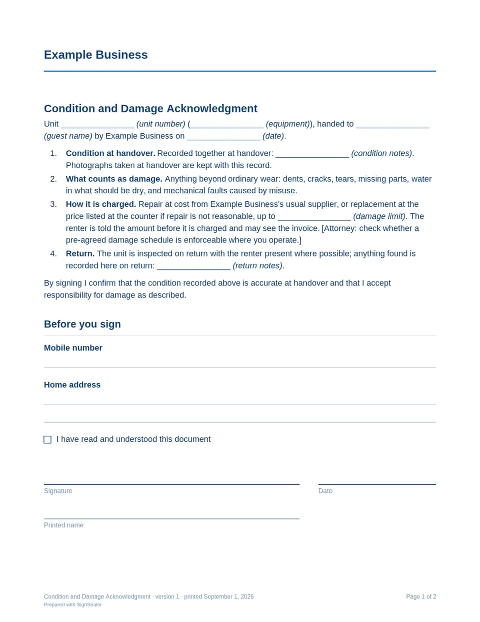 Page one of the Condition and Damage Acknowledgment, as a blank copy for Example Business: the document's title and opening clauses, with a line for each blank still to be filled in.