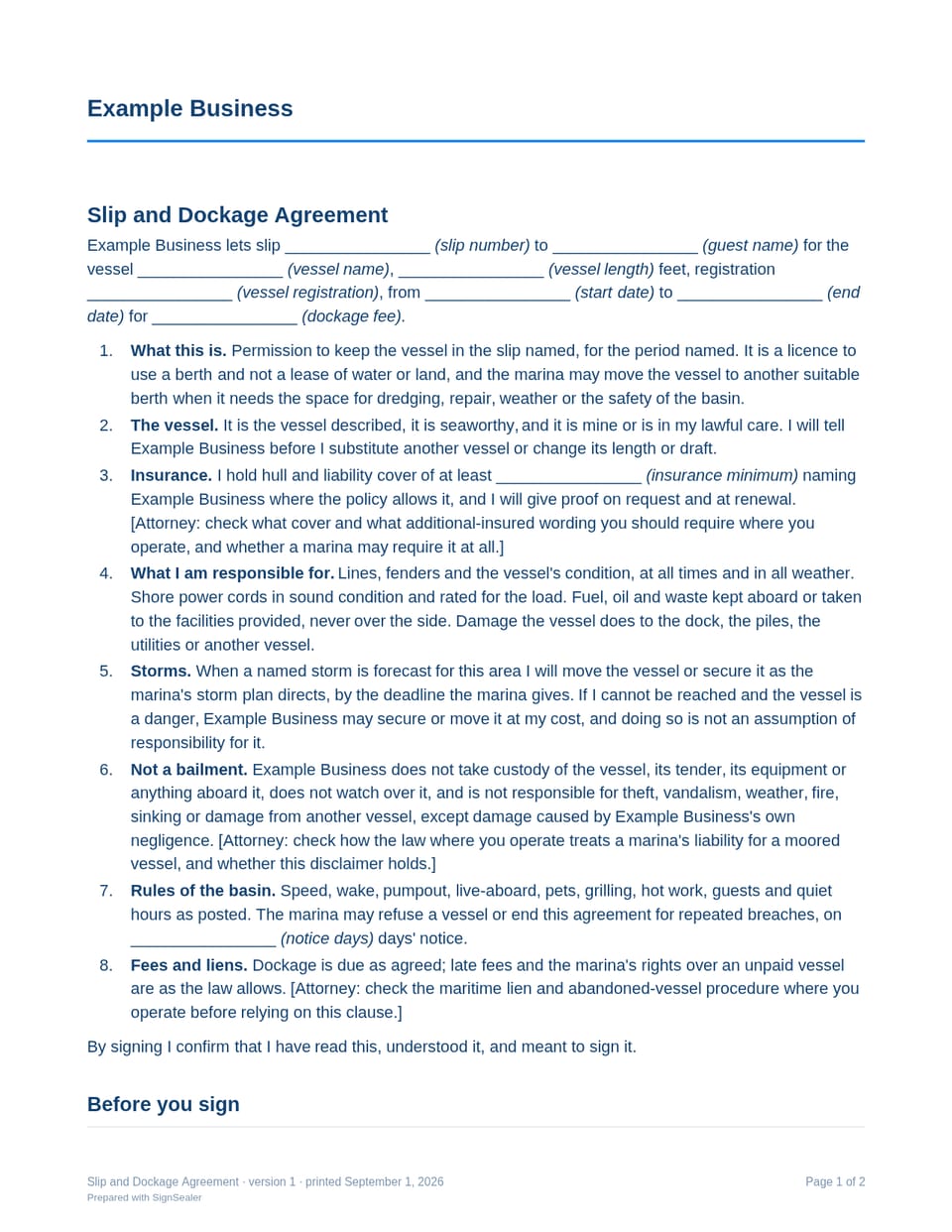 Page one of the Slip and Dockage Agreement, as a blank copy for Example Business: the document's title and opening clauses, with a line for each blank still to be filled in.