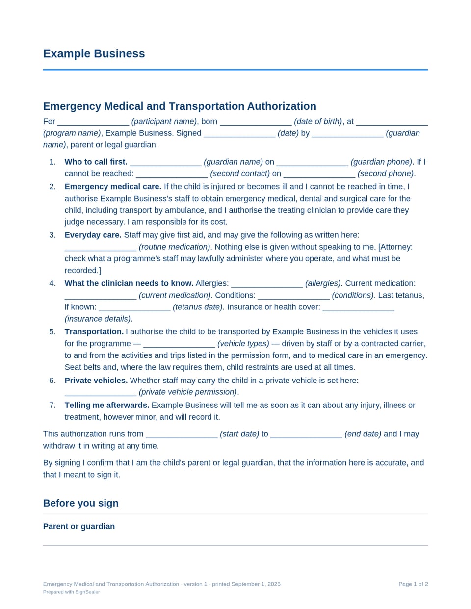 Page one of the Emergency Medical and Transportation Authorization, as a blank copy for Example Business: the document's title and opening clauses, with a line for each blank still to be filled in.