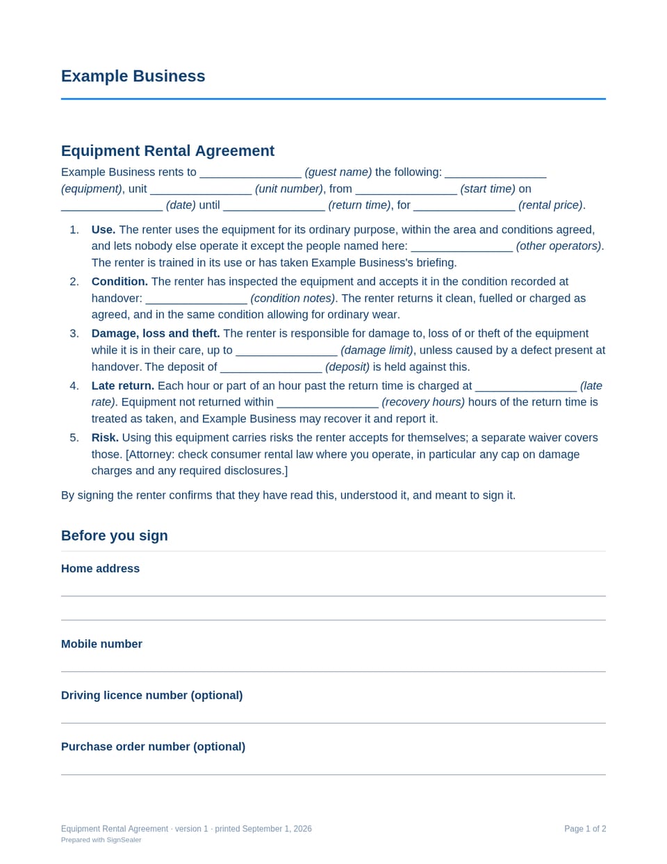 Page one of the Equipment Rental Agreement, as a blank copy for Example Business: the document's title and opening clauses, with a line for each blank still to be filled in.