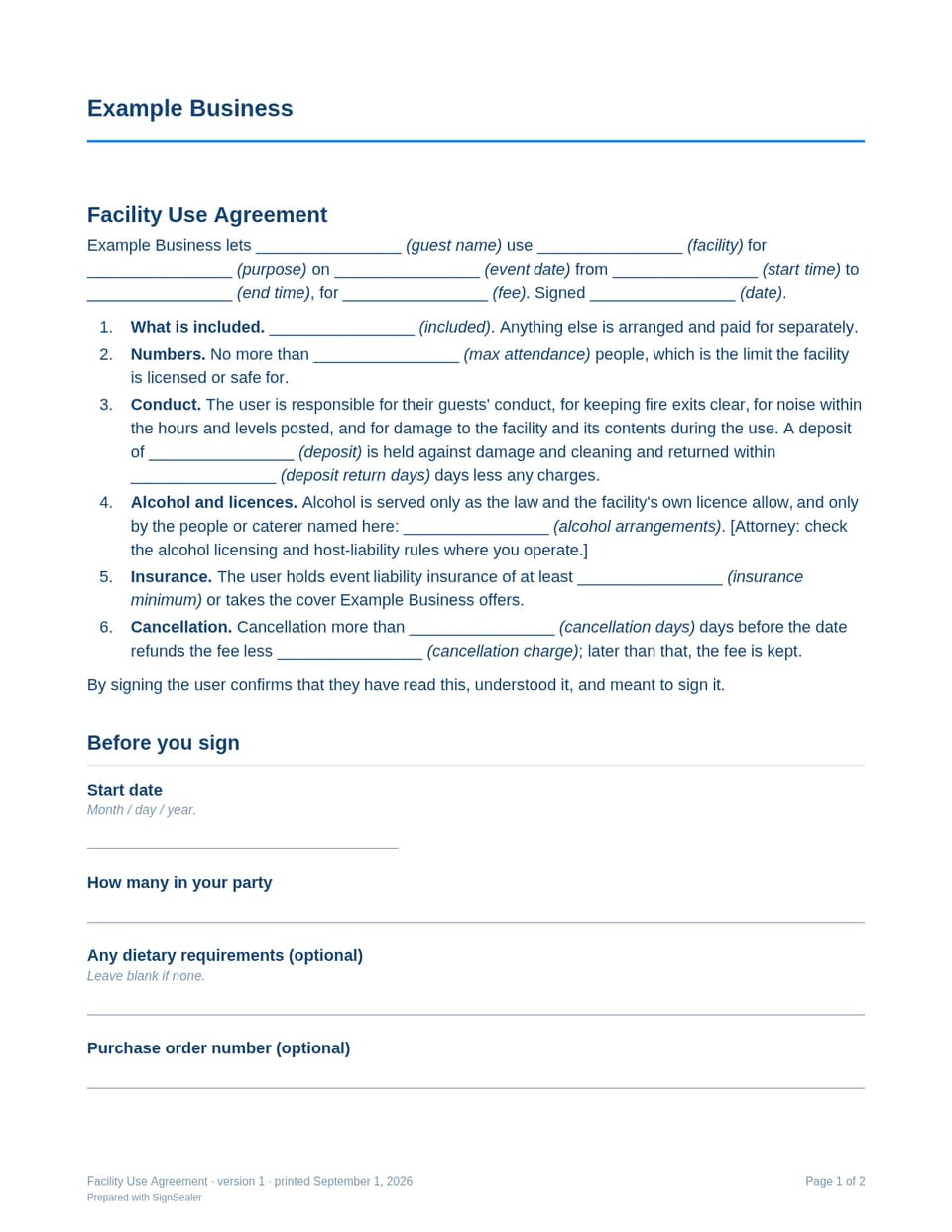 Page one of the Facility Use Agreement, as a blank copy for Example Business: the document's title and opening clauses, with a line for each blank still to be filled in.