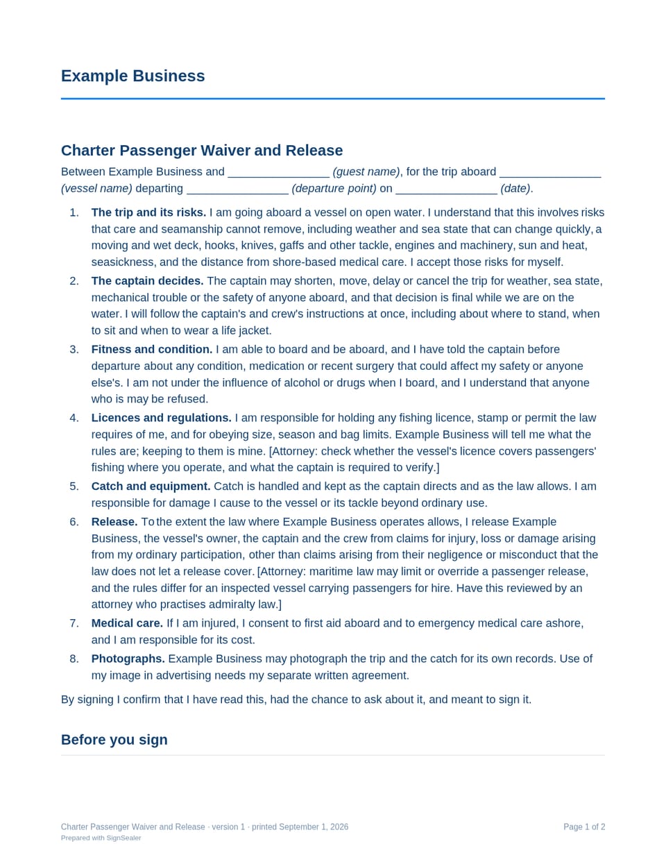 Page one of the Charter Passenger Waiver and Release, as a blank copy for Example Business: the document's title and opening clauses, with a line for each blank still to be filled in.