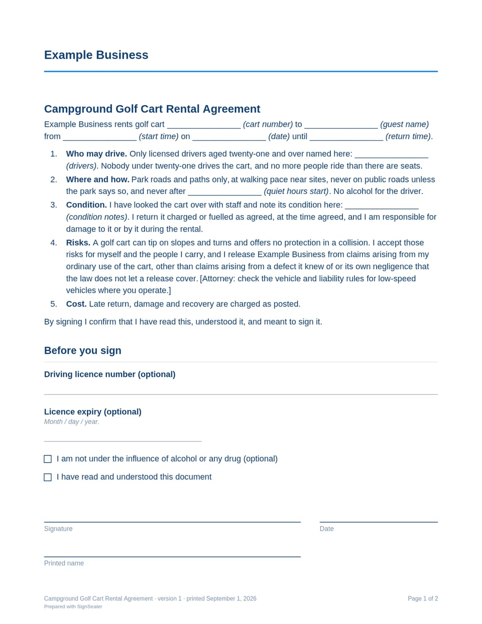 Page one of the Campground Golf Cart Rental Agreement, as a blank copy for Example Business: the document's title and opening clauses, with a line for each blank still to be filled in.