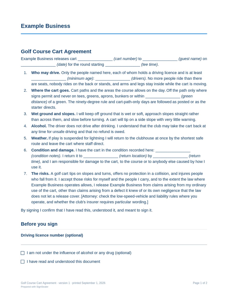 Page one of the Golf Course Cart Agreement, as a blank copy for Example Business: the document's title and opening clauses, with a line for each blank still to be filled in.