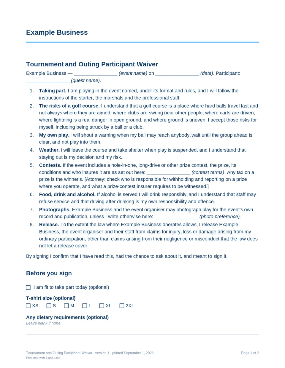 Page one of the Tournament and Outing Participant Waiver, as a blank copy for Example Business: the document's title and opening clauses, with a line for each blank still to be filled in.
