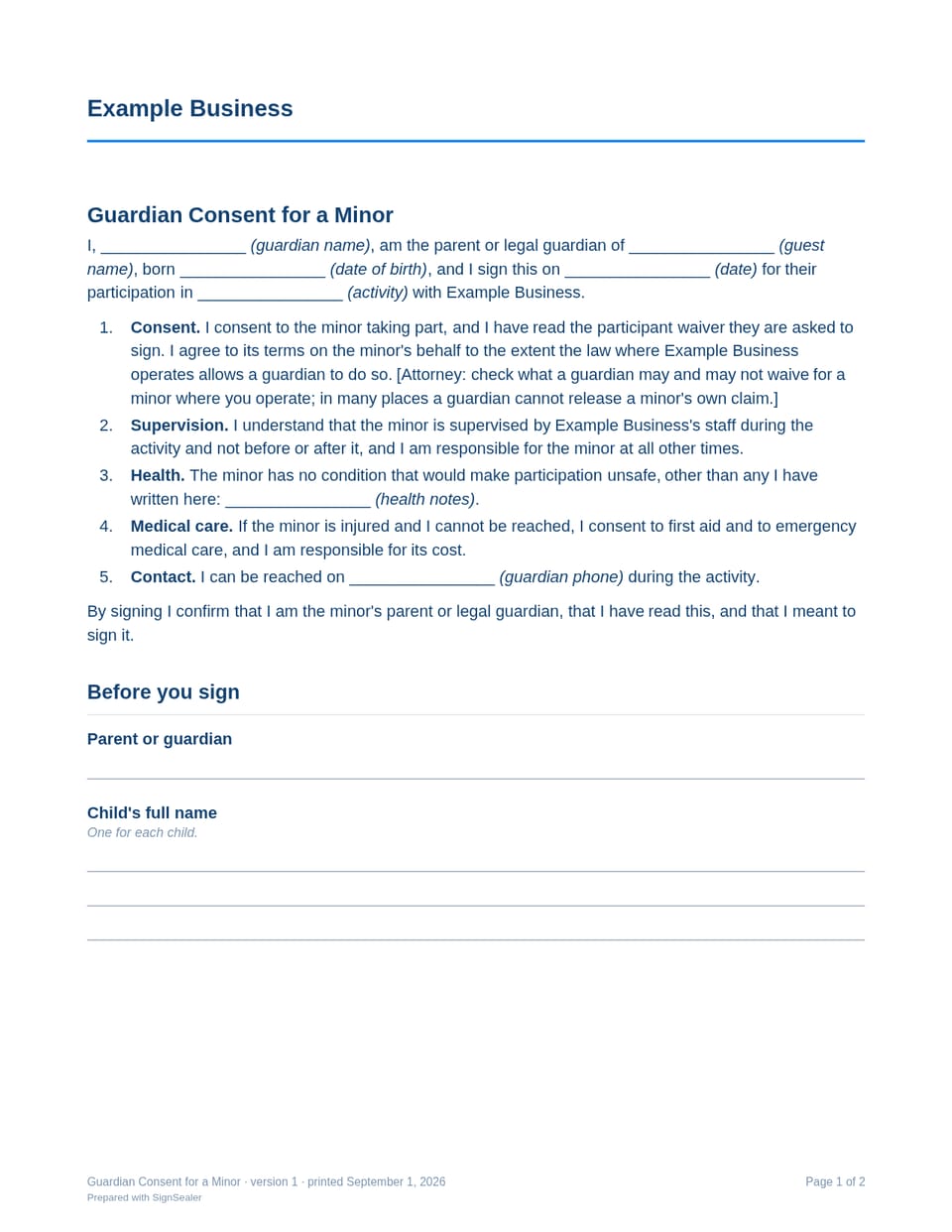 Page one of the Guardian Consent for a Minor, as a blank copy for Example Business: the document's title and opening clauses, with a line for each blank still to be filled in.