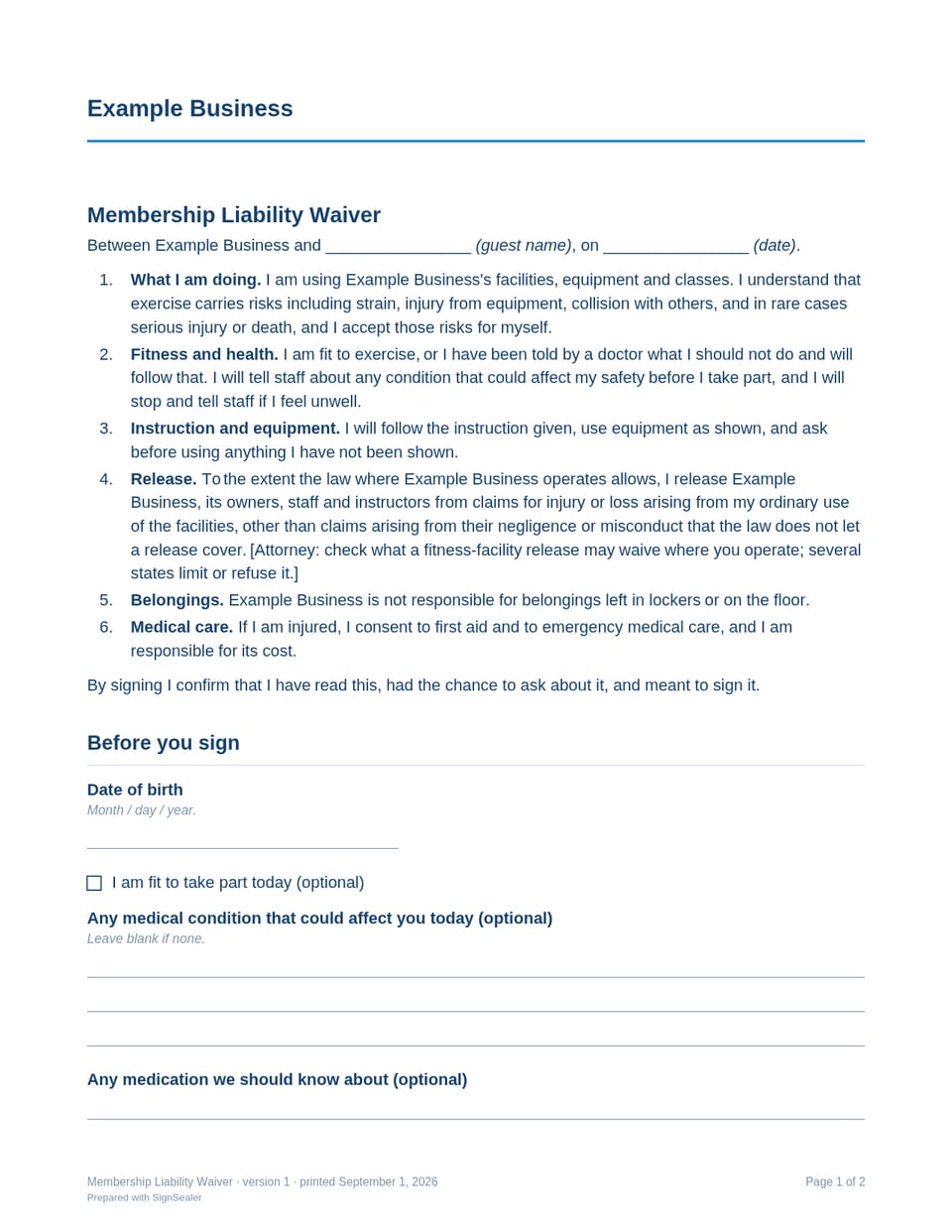 Page one of the Membership Liability Waiver, as a blank copy for Example Business: the document's title and opening clauses, with a line for each blank still to be filled in.