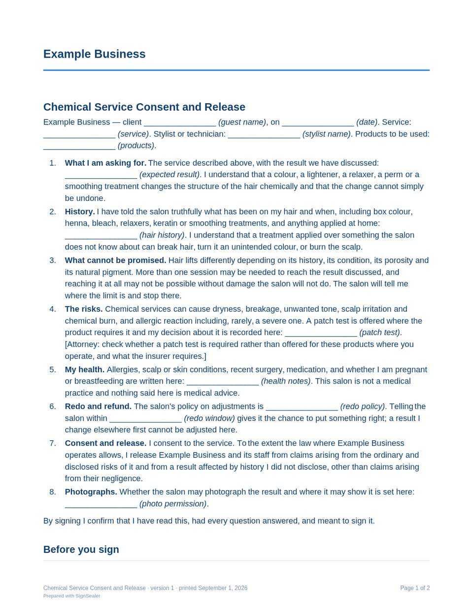 Page one of the Chemical Service Consent and Release, as a blank copy for Example Business: the document's title and opening clauses, with a line for each blank still to be filled in.