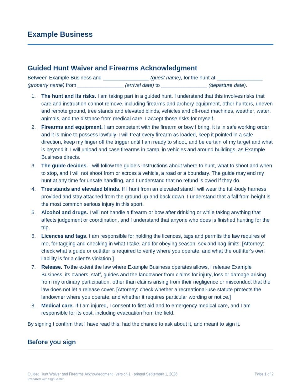 Page one of the Guided Hunt Waiver and Firearms Acknowledgment, as a blank copy for Example Business: the document's title and opening clauses, with a line for each blank still to be filled in.
