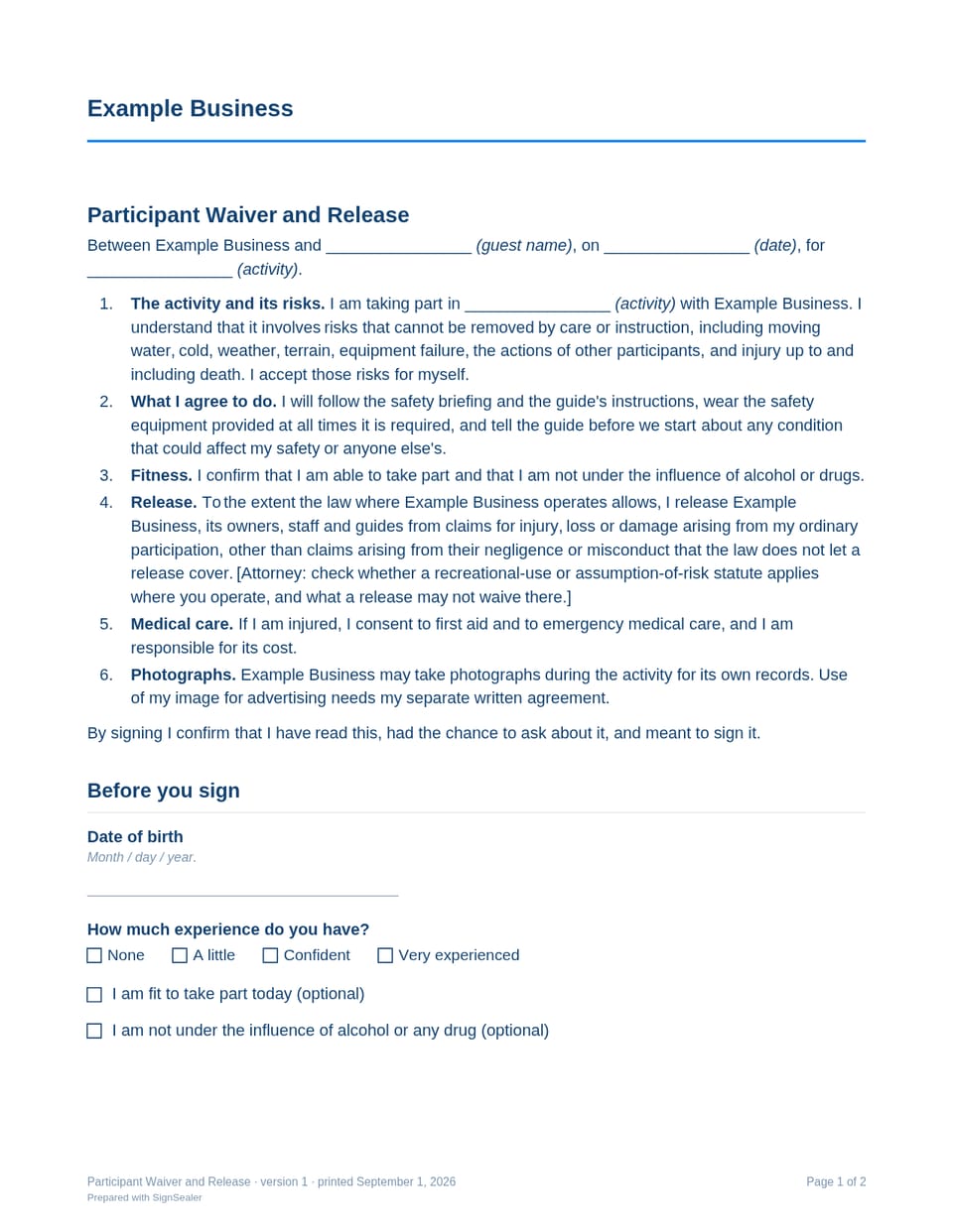 Page one of the Participant Waiver and Release, as a blank copy for Example Business: the document's title and opening clauses, with a line for each blank still to be filled in.