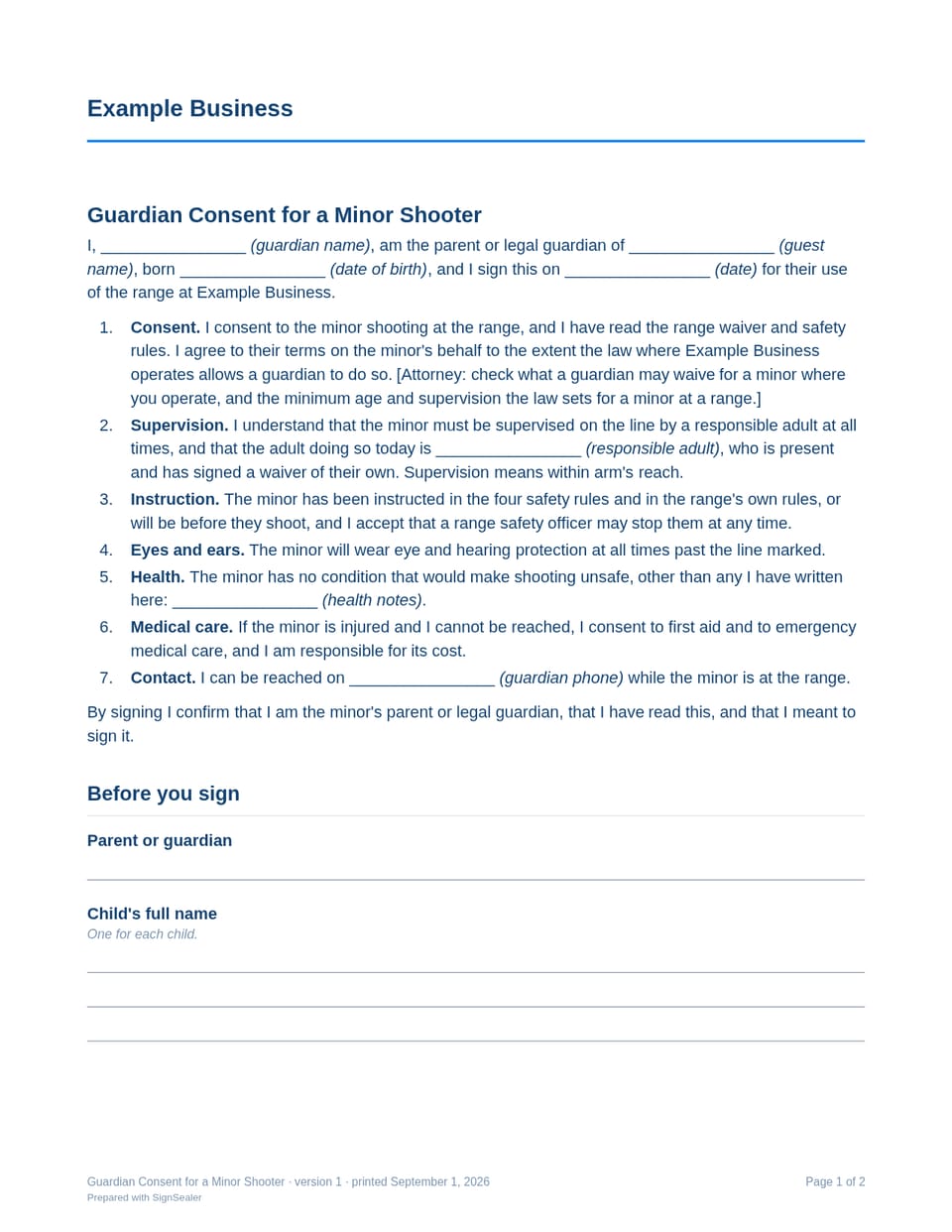 Page one of the Guardian Consent for a Minor Shooter, as a blank copy for Example Business: the document's title and opening clauses, with a line for each blank still to be filled in.