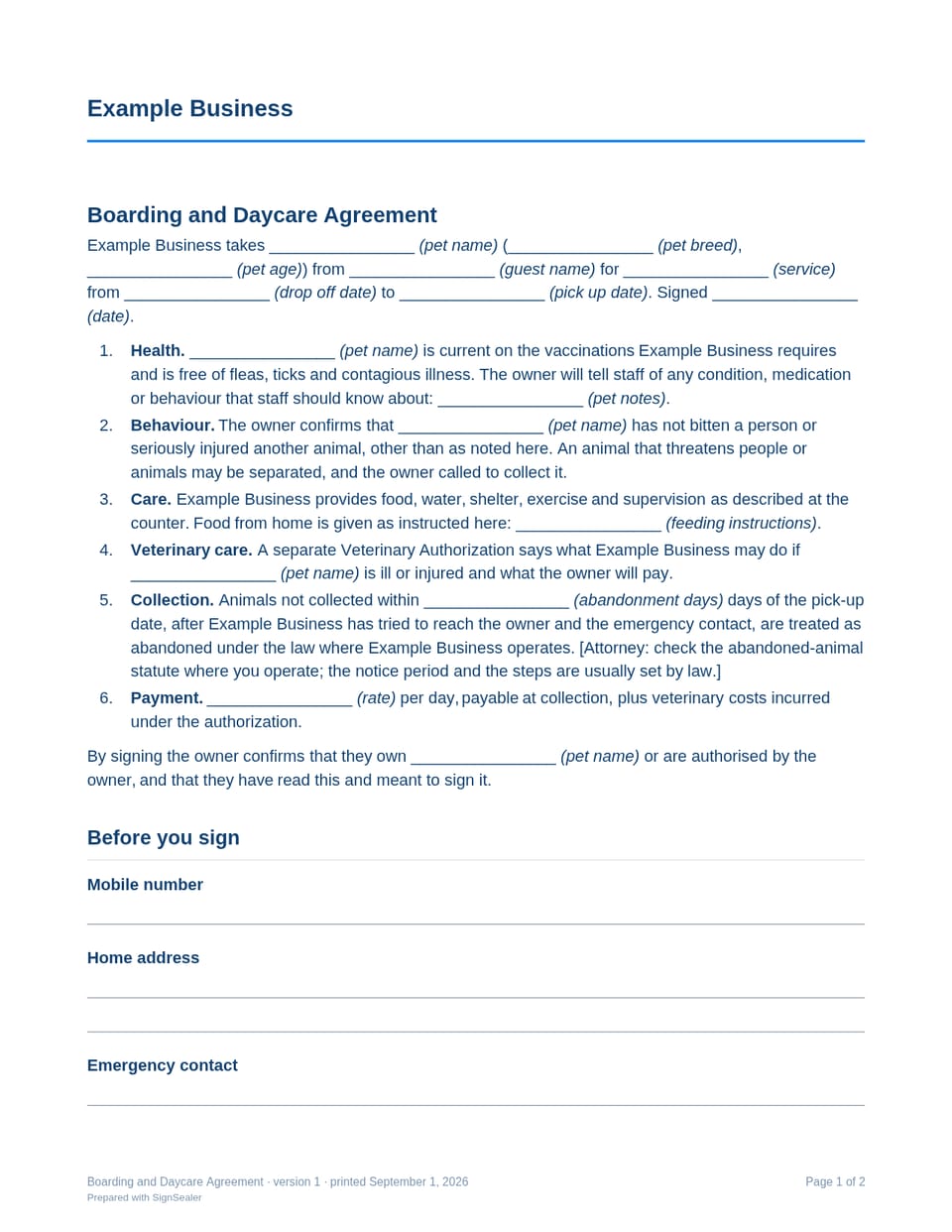 Page one of the Boarding and Daycare Agreement, as a blank copy for Example Business: the document's title and opening clauses, with a line for each blank still to be filled in.