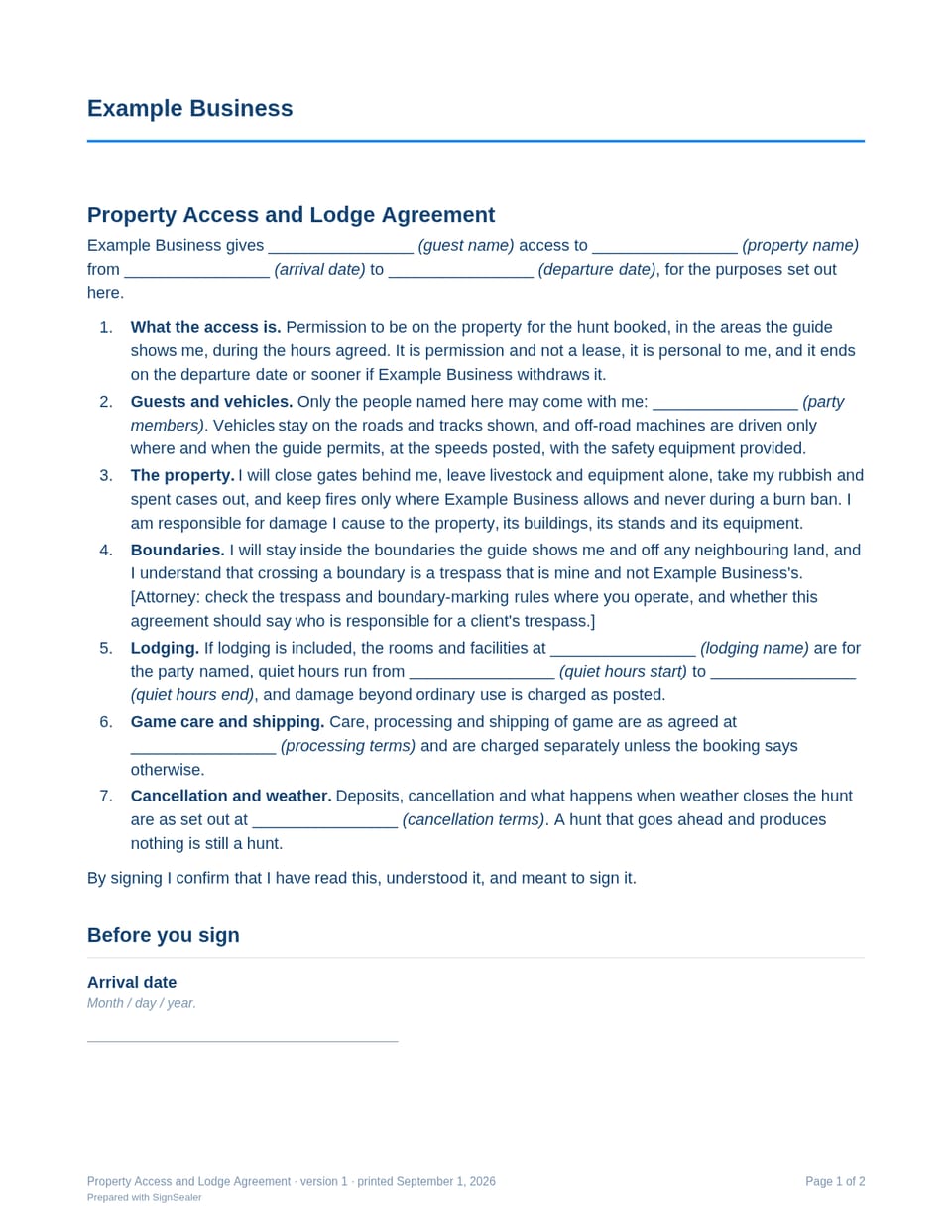 Page one of the Property Access and Lodge Agreement, as a blank copy for Example Business: the document's title and opening clauses, with a line for each blank still to be filled in.