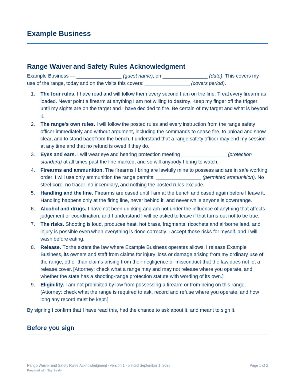 Page one of the Range Waiver and Safety Rules Acknowledgment, as a blank copy for Example Business: the document's title and opening clauses, with a line for each blank still to be filled in.