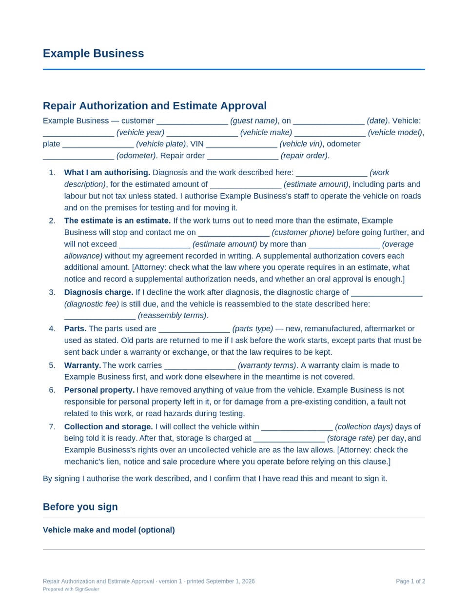 Page one of the Repair Authorization and Estimate Approval, as a blank copy for Example Business: the document's title and opening clauses, with a line for each blank still to be filled in.
