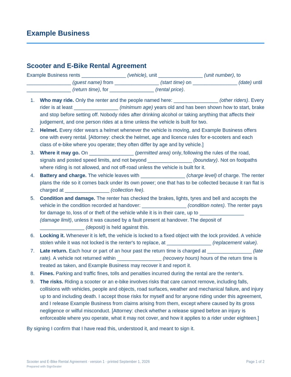 Page one of the Scooter and E-Bike Rental Agreement, as a blank copy for Example Business: the document's title and opening clauses, with a line for each blank still to be filled in.