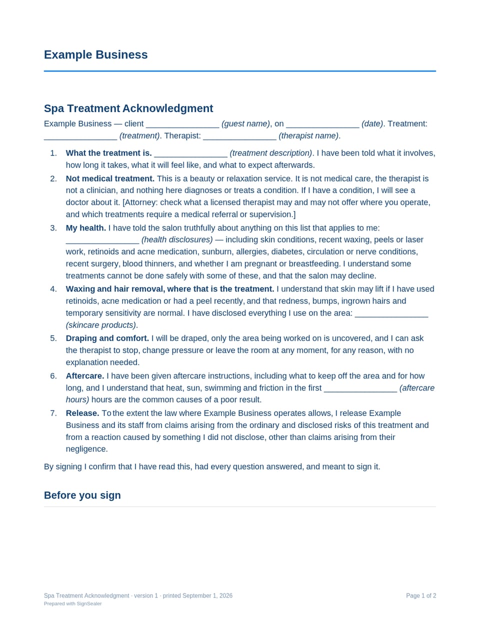 Page one of the Spa Treatment Acknowledgment, as a blank copy for Example Business: the document's title and opening clauses, with a line for each blank still to be filled in.