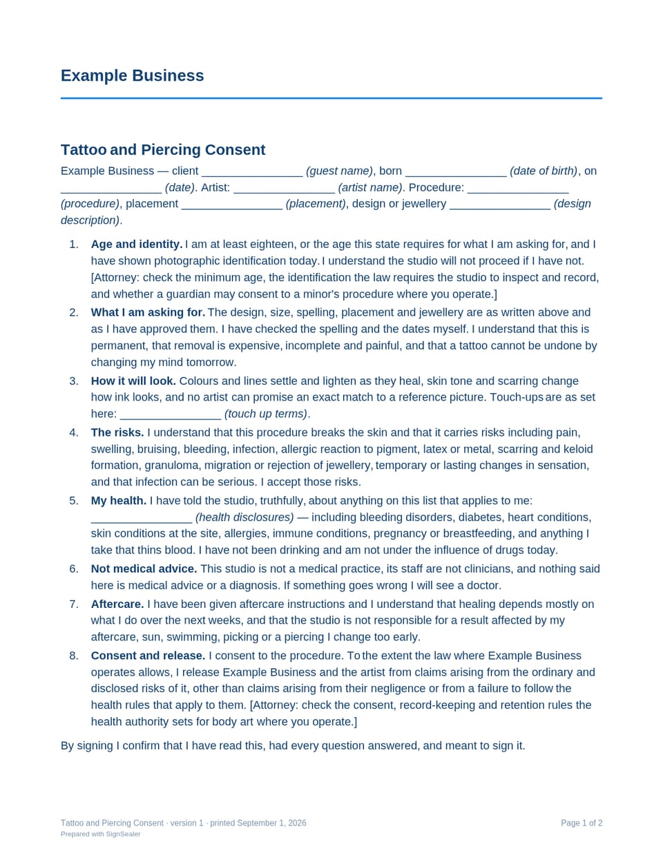Page one of the Tattoo and Piercing Consent, as a blank copy for Example Business: the document's title and opening clauses, with a line for each blank still to be filled in.