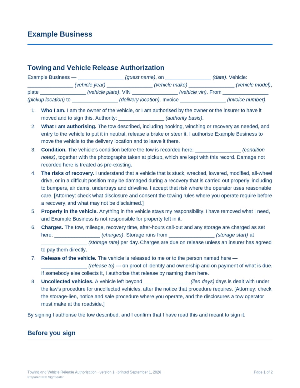 Page one of the Towing and Vehicle Release Authorization, as a blank copy for Example Business: the document's title and opening clauses, with a line for each blank still to be filled in.