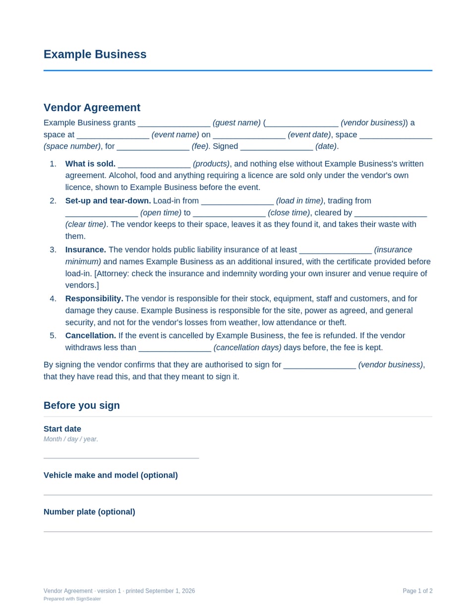 Page one of the Vendor Agreement, as a blank copy for Example Business: the document's title and opening clauses, with a line for each blank still to be filled in.