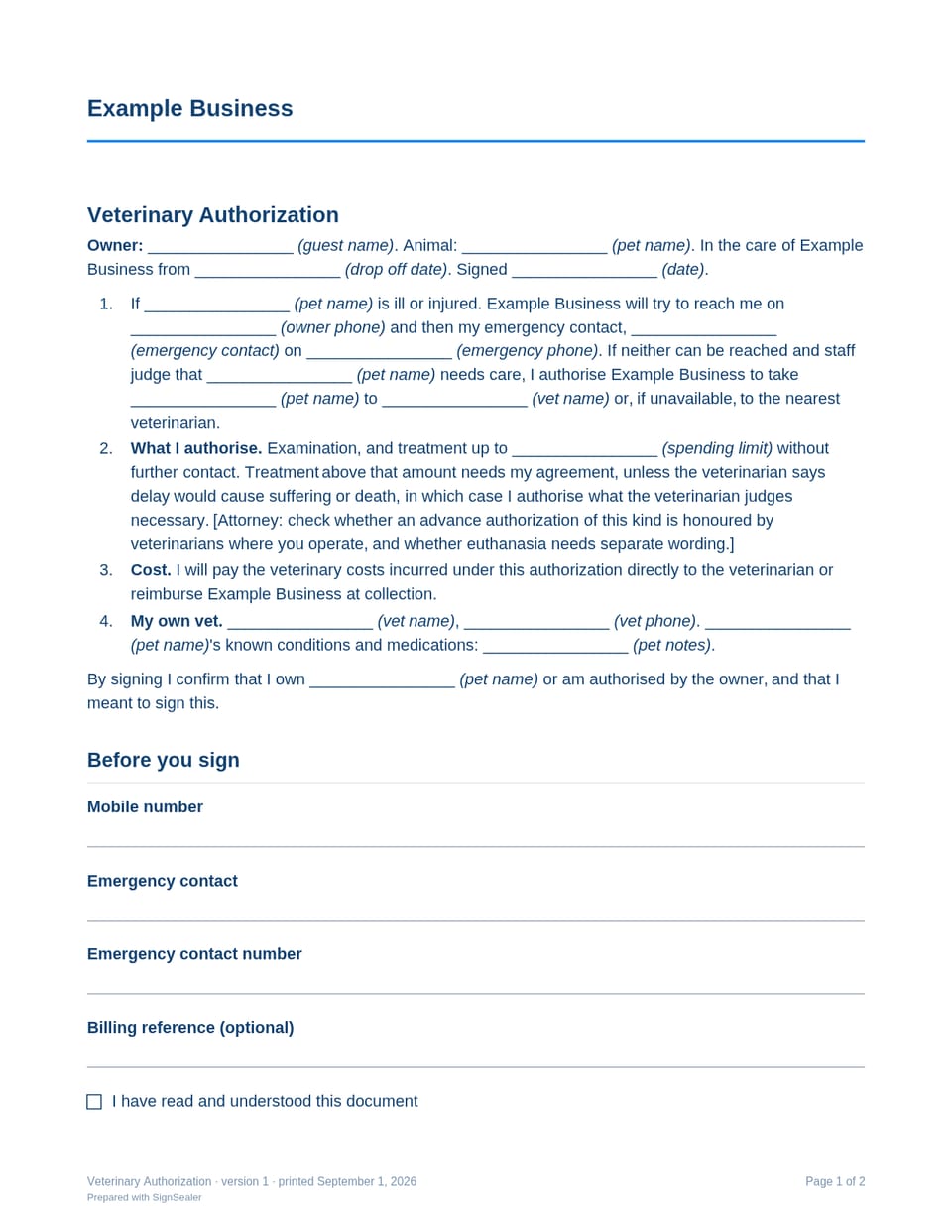 Page one of the Veterinary Authorization, as a blank copy for Example Business: the document's title and opening clauses, with a line for each blank still to be filled in.