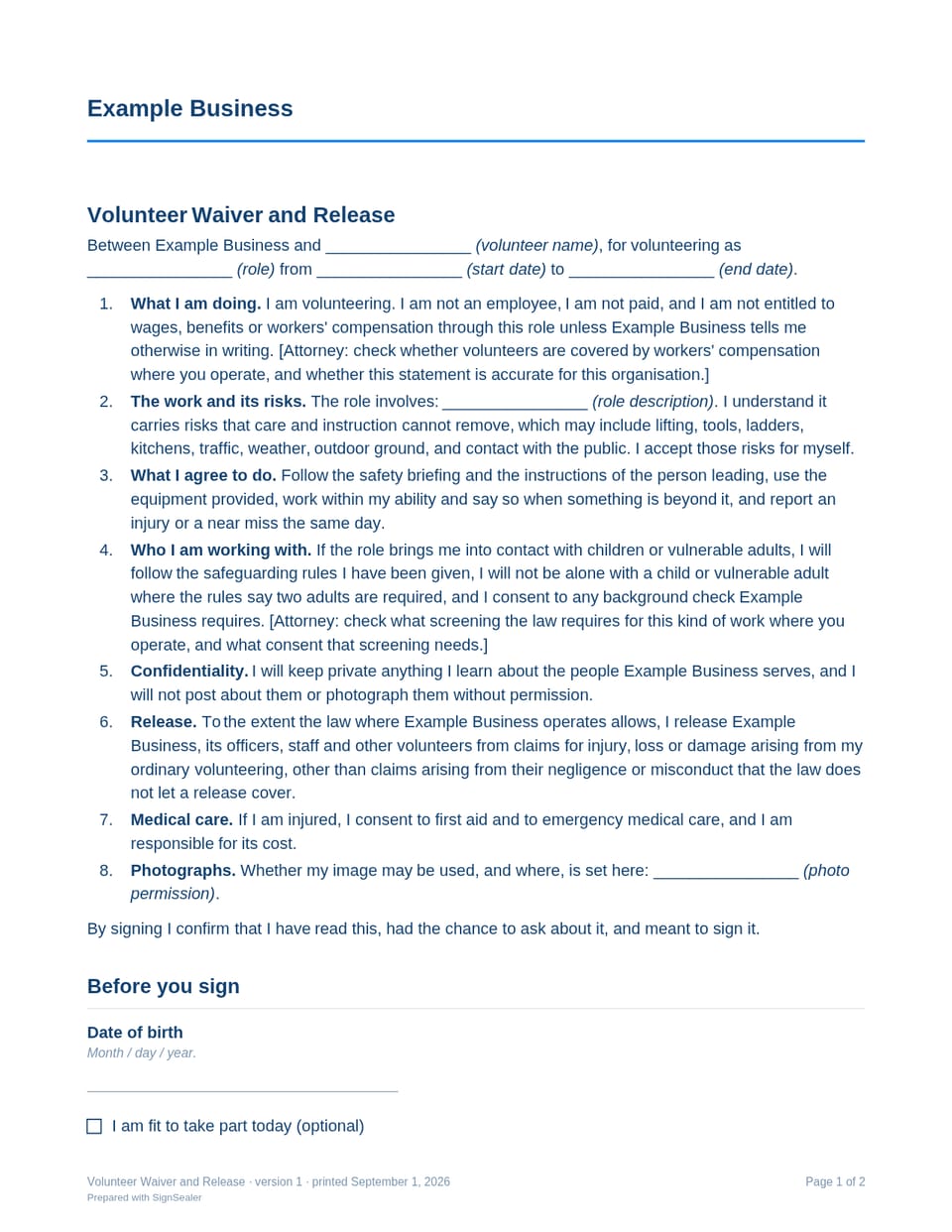 Page one of the Volunteer Waiver and Release, as a blank copy for Example Business: the document's title and opening clauses, with a line for each blank still to be filled in.