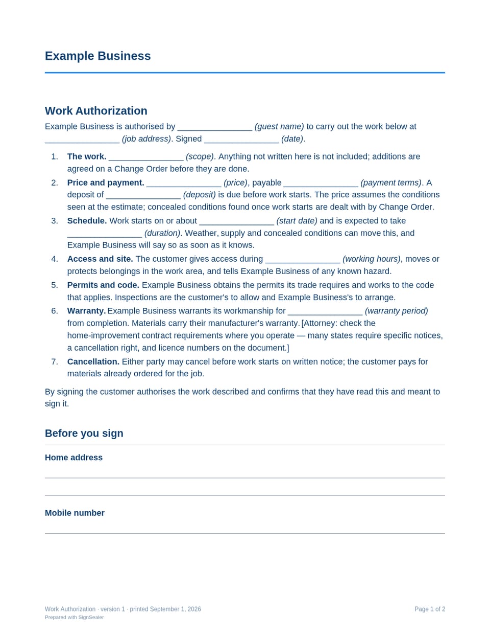 Page one of the Work Authorization, as a blank copy for Example Business: the document's title and opening clauses, with a line for each blank still to be filled in.