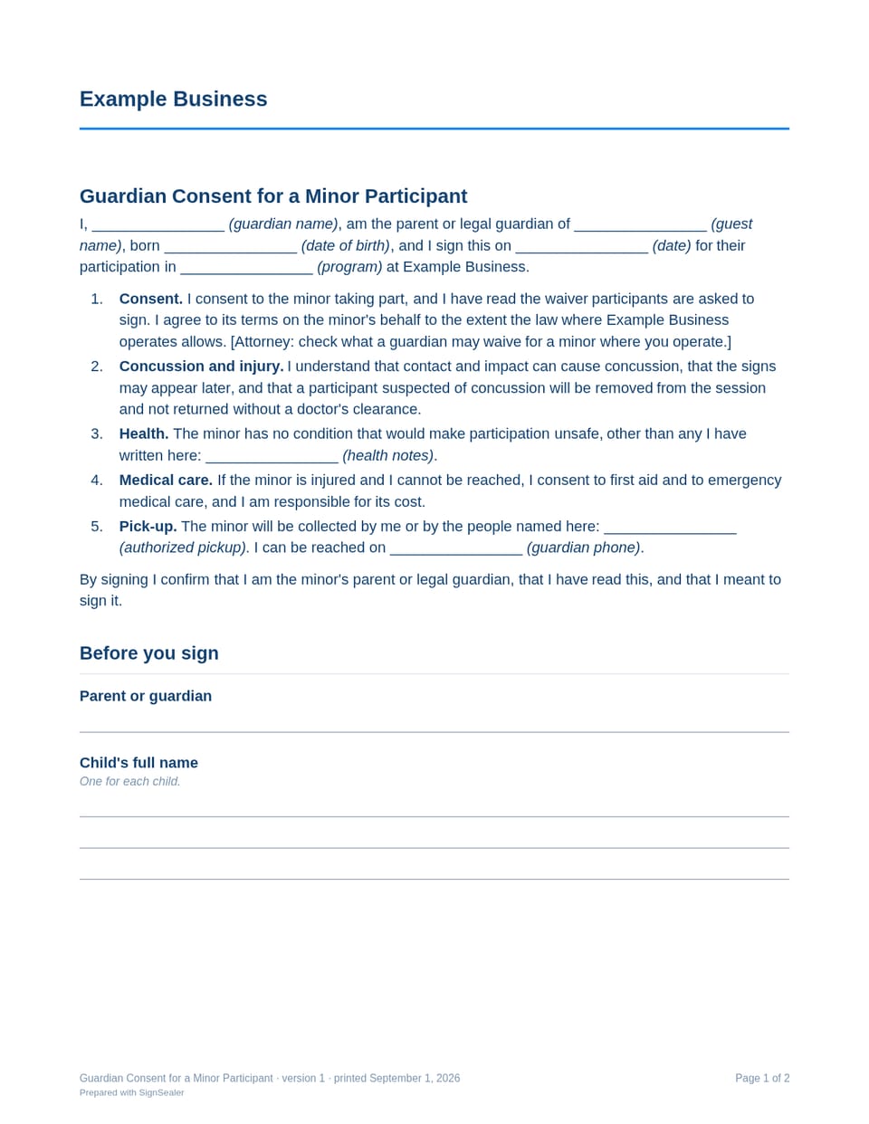 Page one of the Guardian Consent for a Minor Participant, as a blank copy for Example Business: the document's title and opening clauses, with a line for each blank still to be filled in.
