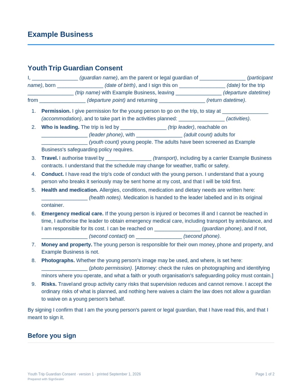Page one of the Youth Trip Guardian Consent, as a blank copy for Example Business: the document's title and opening clauses, with a line for each blank still to be filled in.