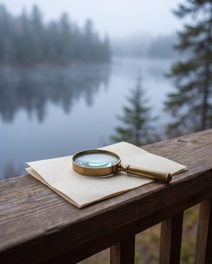 A brass magnifying glass on a blank folded sheet of paper, on a porch rail above a misty lake.