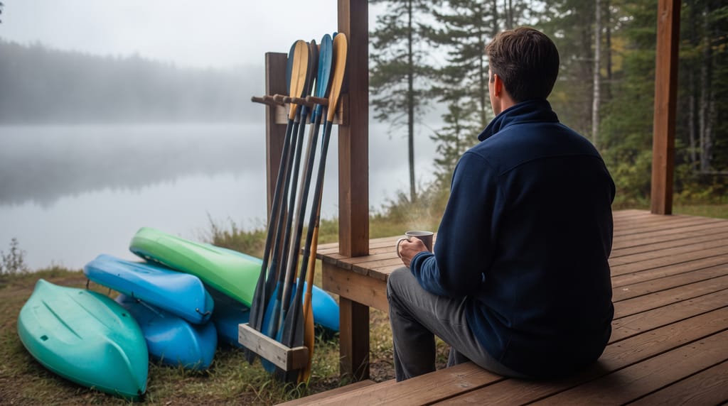 A person in a navy fleece seen from behind, sitting on the wooden porch steps of a lakeside outfitter's cabin with a mug of coffee, a rack of paddles and a stack of kayaks beside the steps, mist over the lake and pines beyond.