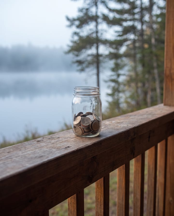 A small glass jar a third full of coins on the corner of a porch rail, a misty lake and pines behind.