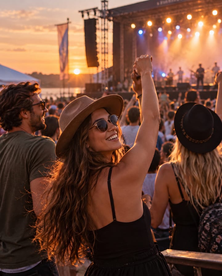 A crowd at an outdoor stage at sunset, a woman in a wide-brimmed hat dancing with her arm raised in the foreground, the band lit behind.