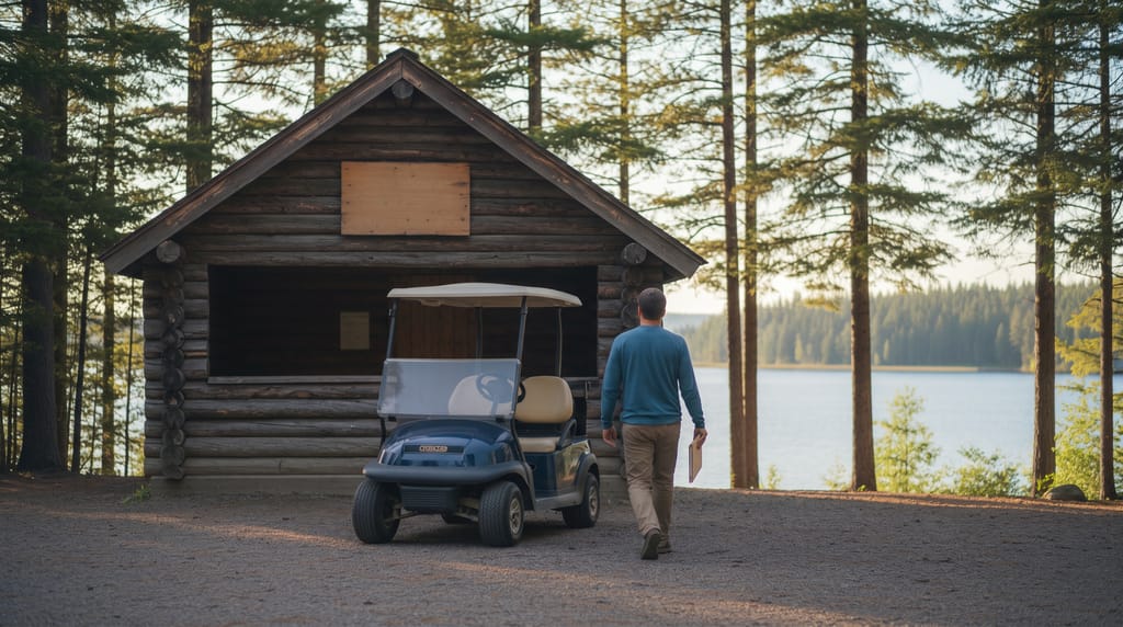 A wooden campground registration hut with a golf cart parked on the gravel loop in front of it, pines and a lake beyond, a person walking away from the hut with a folder.