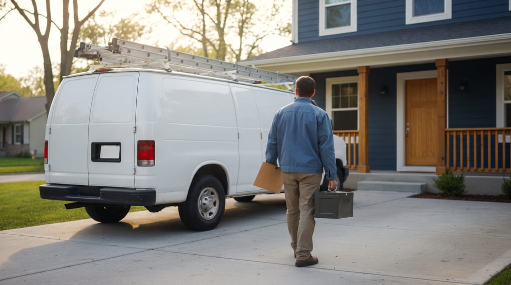 A white work van with a ladder on its roof parked in a suburban driveway, a contractor carrying a toolbox toward the front door.