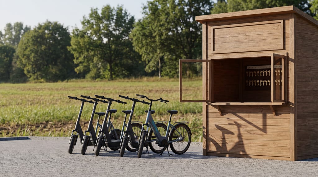 A row of electric scooters and e-bikes lined up on a paved yard beside a wooden rental kiosk with keys on hooks inside its open window.