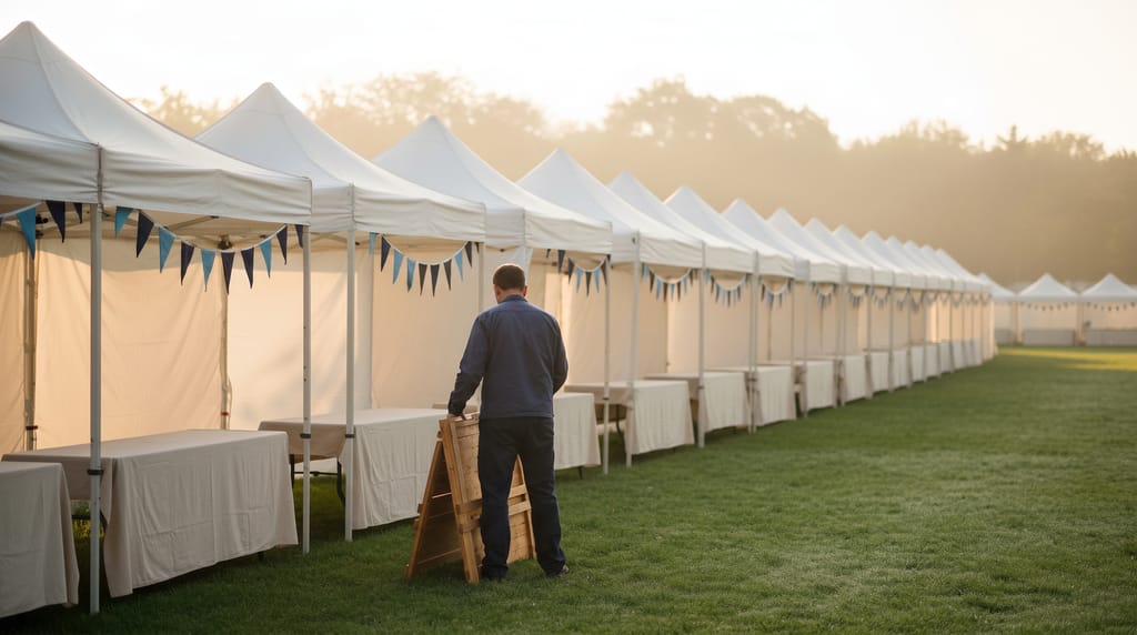 A row of white canopies over folding tables on grass before a festival opens, plain bunting, a person unfolding a table in morning light.