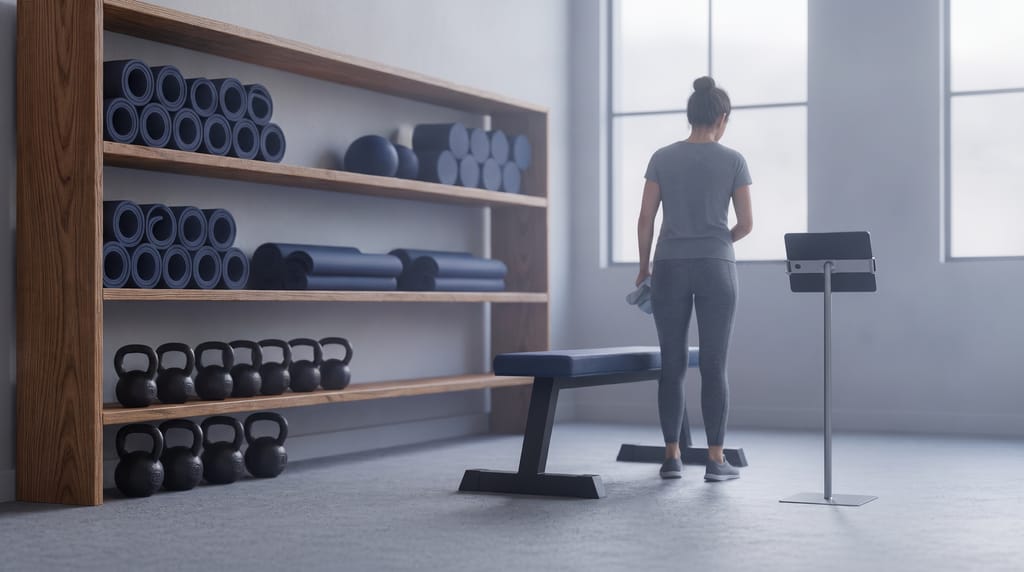 A quiet fitness studio at opening time, rolled mats and kettlebells on wooden shelves, a tablet on a stand by the window, a person wiping down a bench.