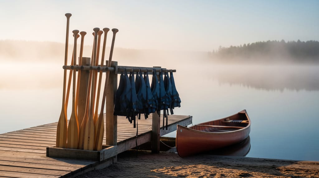 A rack of wooden paddles and a row of hung life jackets on a lakeside dock at dawn, a canoe pulled up beside it, mist on the water.
