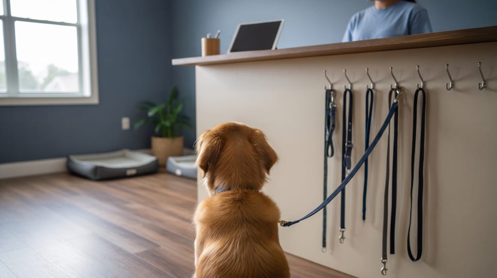 A golden retriever on a lead waiting by a wooden reception counter in a dog daycare, leashes on hooks, a tablet on the counter.