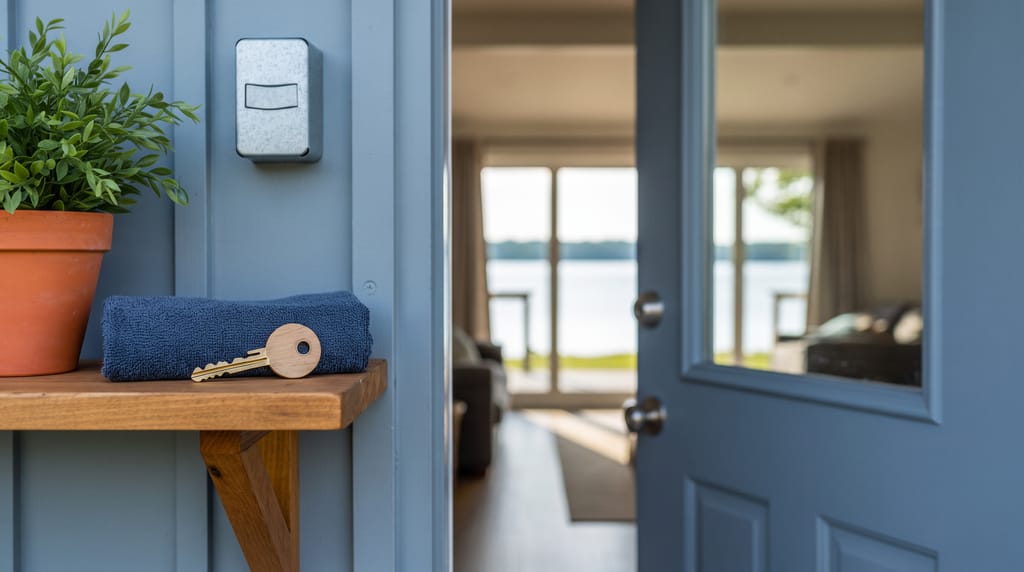 A lockbox and a wooden shelf by the open front door of a lakeside cottage, a key with a wooden fob, a folded towel and a plant on the shelf.