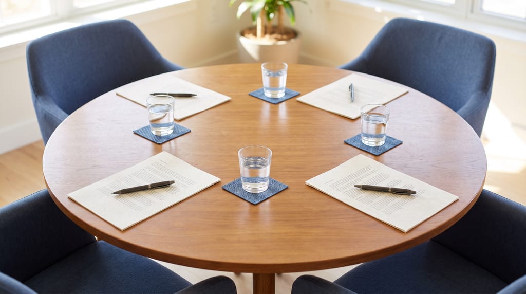 A round meeting table with four place settings seen from above and to one side, a single printed sheet and a pen at each, water glasses on coasters, the chairs empty.