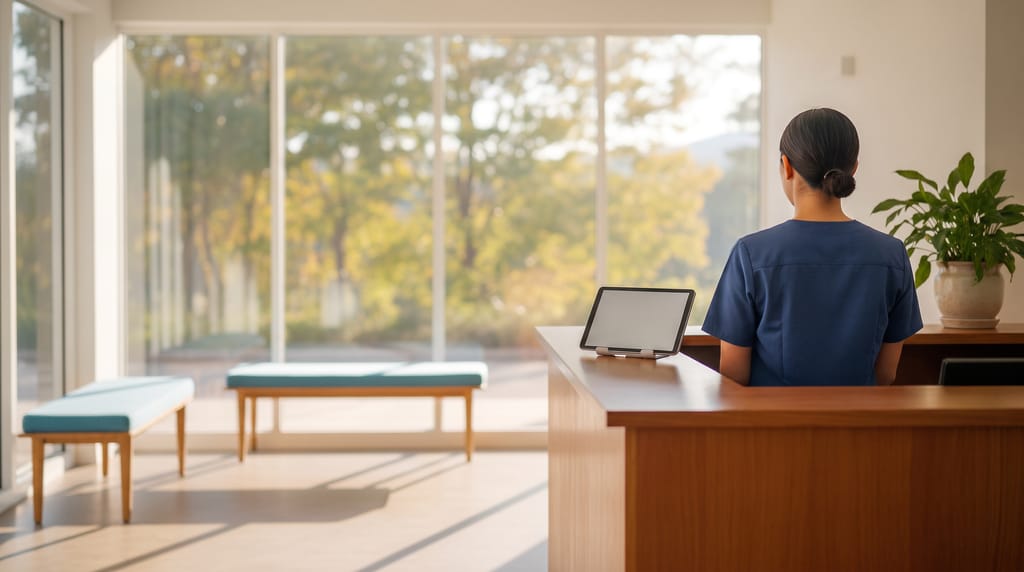 A receptionist behind a marble counter handing a tablet across to a customer, in a bright reception area with plants and soft seating.