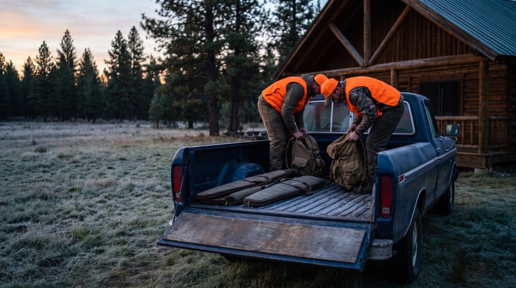 Two people in blaze-orange vests seen from behind, loading packs and zipped cases into the bed of a pickup outside a timber lodge, frost on the grass and pines behind them at first light.