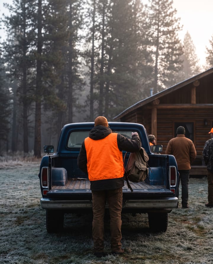 Two people in blaze-orange vests seen from behind, loading packs and zipped cases into the bed of a pickup outside a timber lodge, frost on the grass and pines behind them at first light.