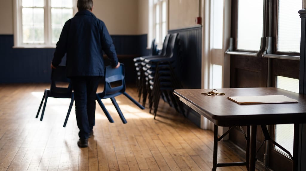 An empty community hall with a polished wood floor and stacked chairs along one wall, a folding table by the door holding a ring of keys and a blank folder, one person seen from behind carrying two chairs.