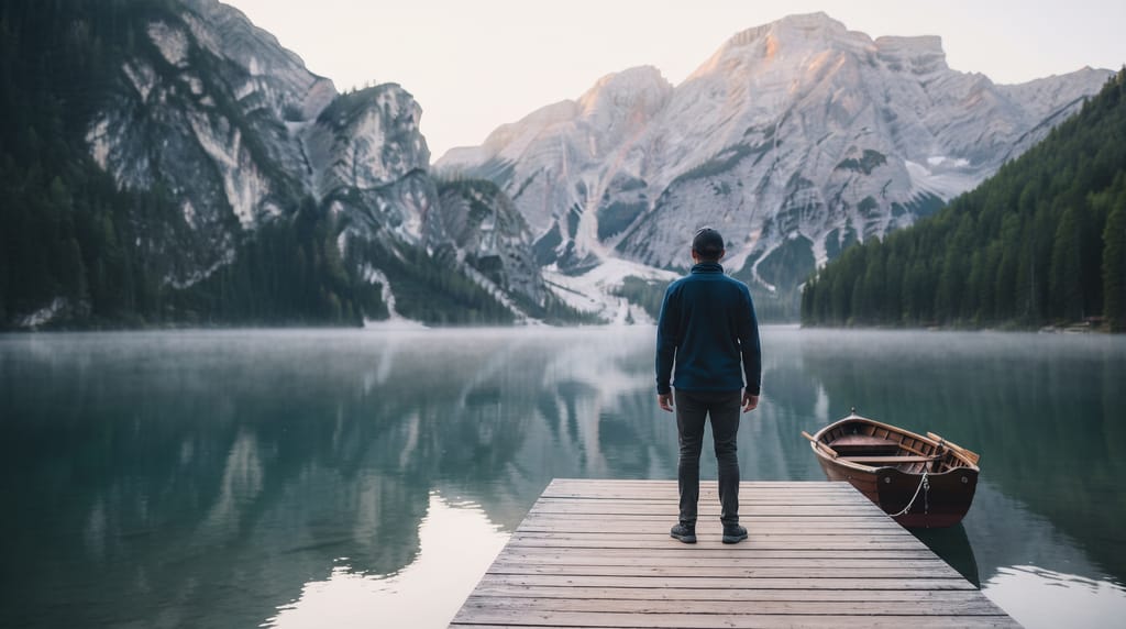 A person in a navy fleece and a cap seen from behind, standing at the end of a wooden dock on a mountain lake at sunrise, a small boat moored beside the dock, pines and snow-touched mountains beyond.