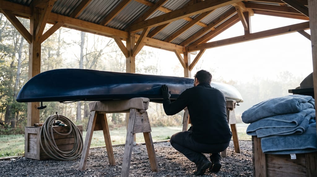 A person seen from behind crouched beside a canoe resting upside down on padded trestles under an open timber shelter, a coiled hose and folded towels nearby, mist in the trees beyond.